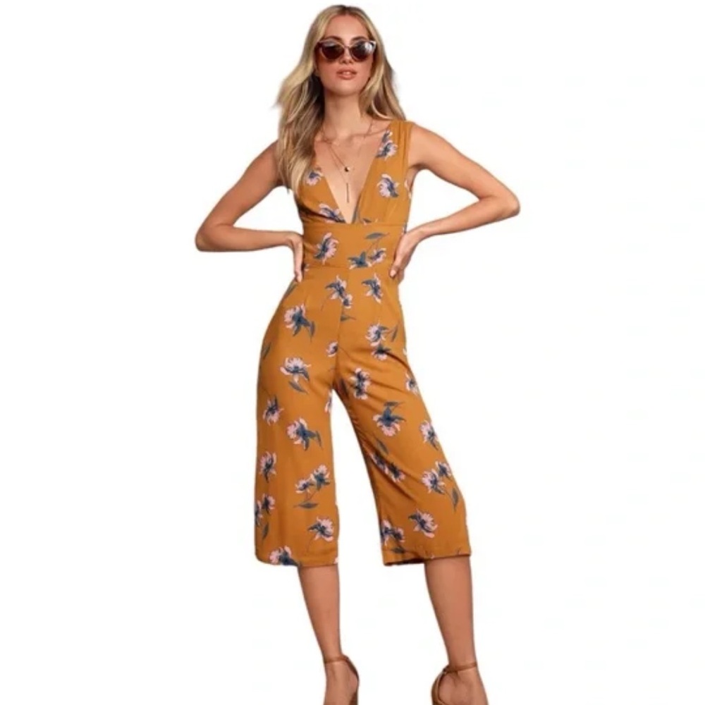 Lulu's Mustard Floral Backless V-Neck Midi Dress